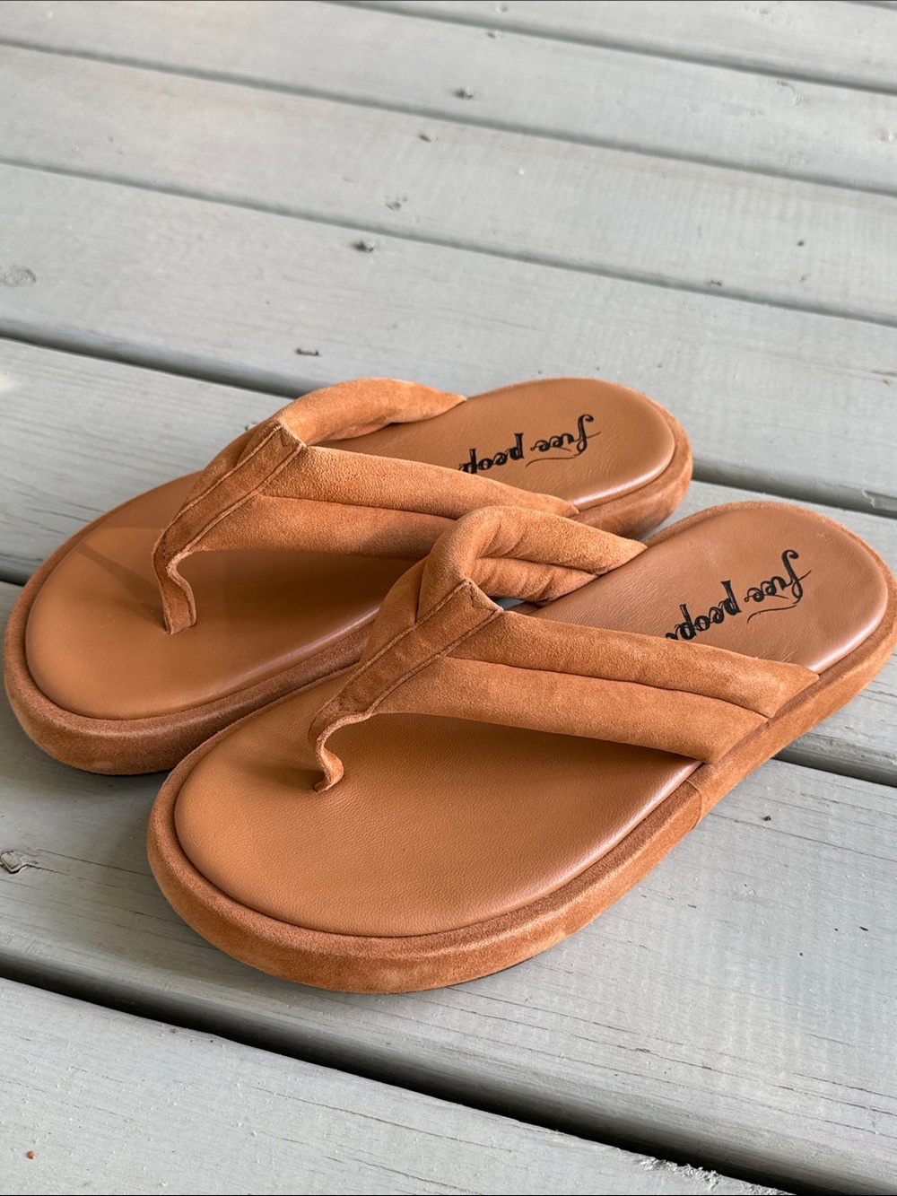 Free People Suede Padded Thong Sandals in Warm Tan